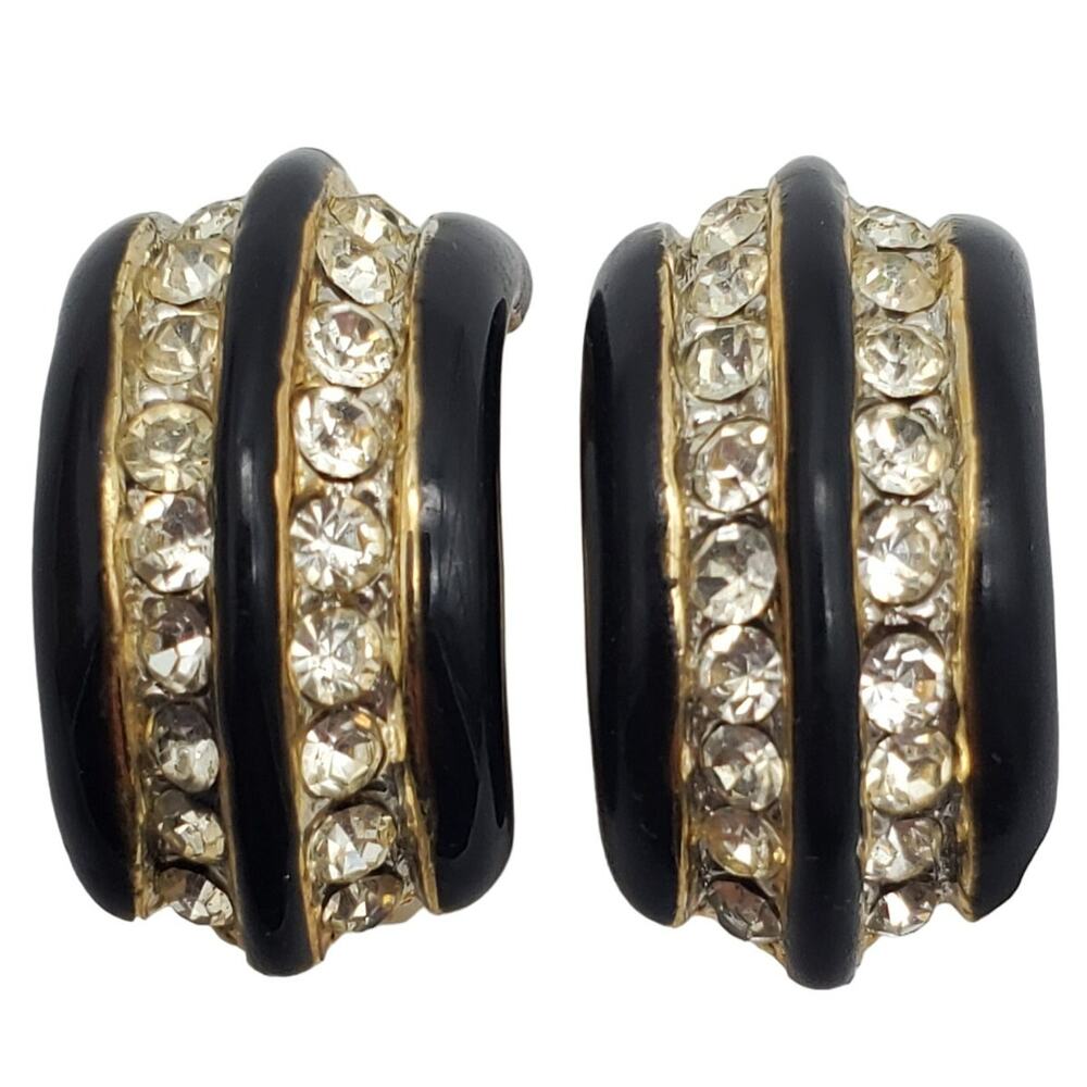 Black Gold Half Hoop Earrings Clip On Enamel Rhinestone Donald Stannard Vintage